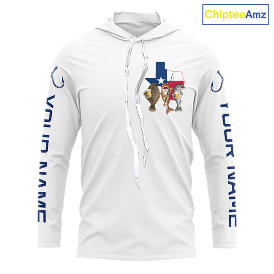 Texas Slam Funny Fishing Redfish, Trout, Flounder Fishing Shirts Long Sleeve Hooded For Men| White NHT843