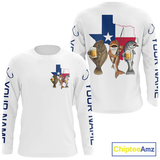 Texas Slam Funny Fishing Redfish, Trout, Flounder Fishing Shirts Long Sleeve For Men| White NHT843