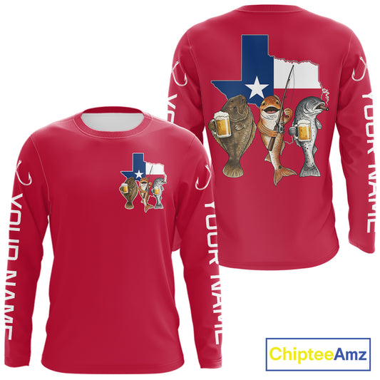 Texas Slam Funny Fishing Redfish, Trout, Flounder Fishing Shirts Long Sleeve For Men| Red NHT844