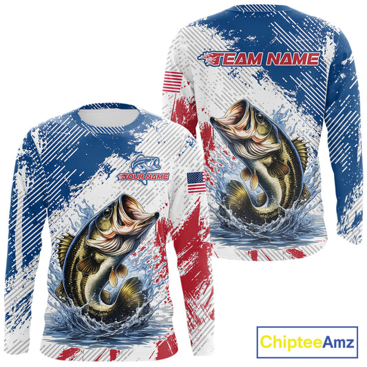 Custom Patriotic American Flag Bass Fishing Shirts Long Sleeve, Fishing Tournament Jerseys NHT435