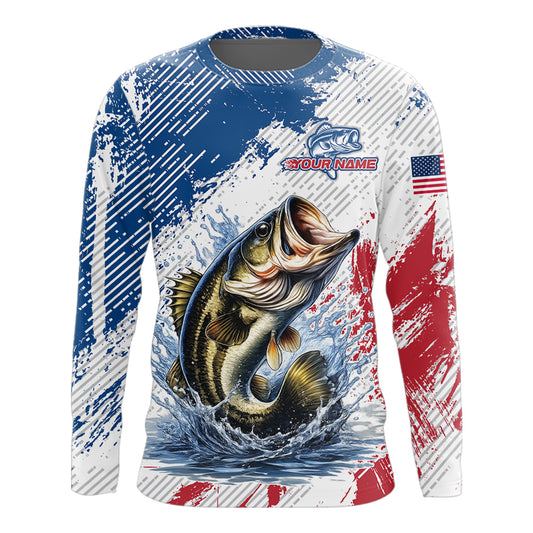 Custom Patriotic American Flag Bass Fishing Shirts Long Sleeve, Fishing Tournament Jerseys NHT435