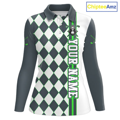 Long-sleeve shirt with argyle pattern and green text on a white background, branded 'ChipteeAmz'.