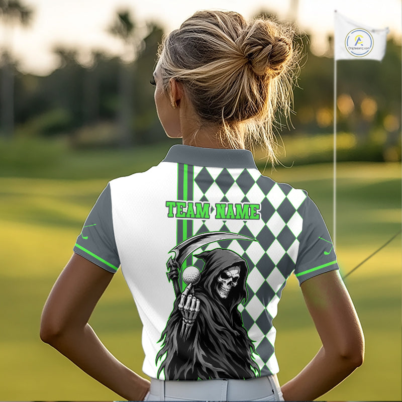 Person wearing a golf shirt with a graphic design on a golf course