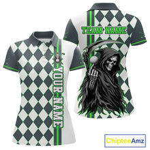 Load image into Gallery viewer, Polo shirt with graphic design of a skeleton holding a golf club on a checkered pattern background, featuring text for customization.