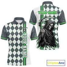 Load image into Gallery viewer, Customizable golf shirt with grim reaper design and argyle pattern, featuring 'Chiptee Amz' branding.