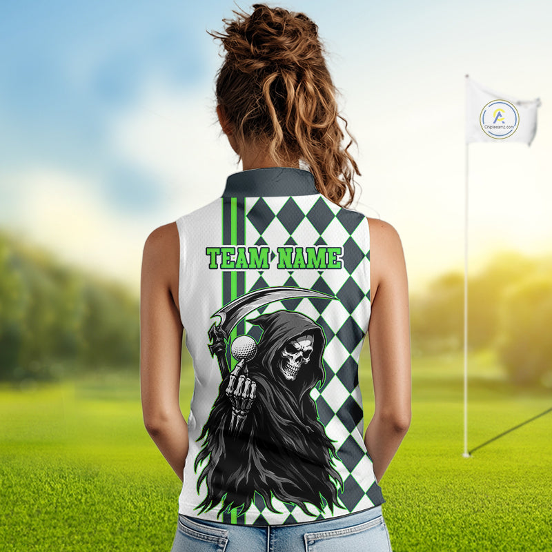 Person wearing a sleeveless shirt with a grim reaper design and 'Team Name' text on a golf course.