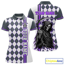 Load image into Gallery viewer, Polo shirt with checkered pattern and grim reaper design, customizable text on a white background.