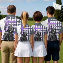 Load image into Gallery viewer, Personalized Skeleton Golf Polo Shirt For Womens - Funny Grim Reaper Golf Team Polo|Purple NHT1154