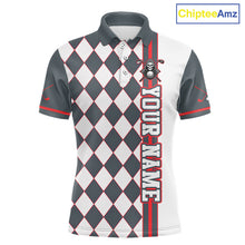 Load image into Gallery viewer, Harlequin-patterned polo shirt with red accents and 'Your Name' text on a white background, branded 'ChipteeAmz'.