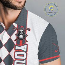 Load image into Gallery viewer, Close-up of a sports jersey with a skull and golf club design on a gray background