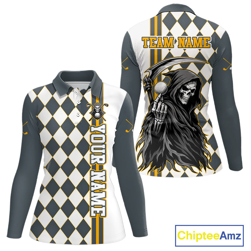 Long-sleeve shirt with checkered pattern and grim reaper design, featuring 'Your Name' and 'Team Name' text on a white background.