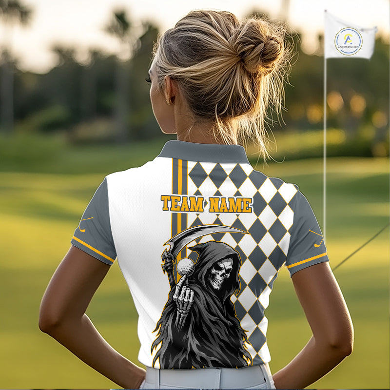 Person wearing a golf shirt with a graphic design on a golf course