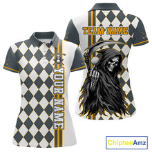 Load image into Gallery viewer, Polo shirt with grim reaper design and customizable text on a checkered pattern