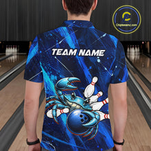 Load image into Gallery viewer, Person wearing a blue bowling shirt with a crab design and 'TEAM NAME' text in a bowling alley.