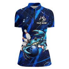 Load image into Gallery viewer, Bowling jersey with a blue crab design and customizable text on a white background