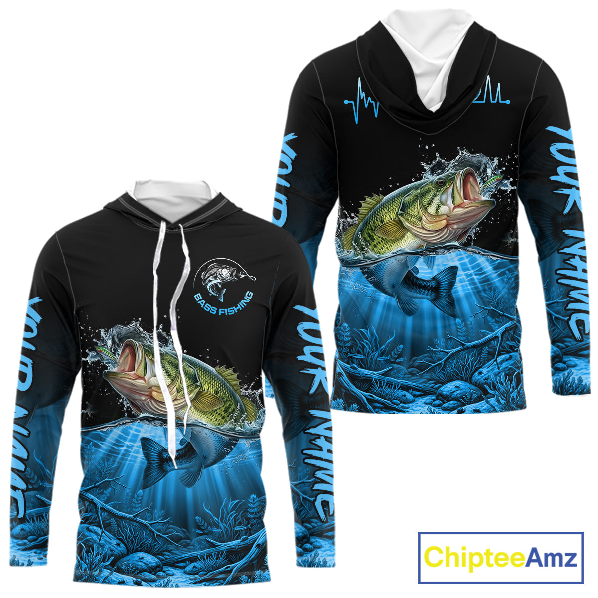 Largemouth Bass Fishing Shirt Long Sleeve Hooded For Tournament – Angler Gift For Men Dad| Blue NHT849