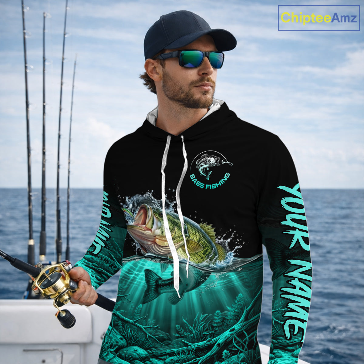 Largemouth Bass Fishing Shirt Long Sleeve Hooded For Tournament – Angler Gift For Men Dad| Turquoise NHT850