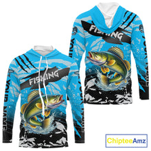 Load image into Gallery viewer, Walleye Fishing Blue Camo Jerseys Custom Performance Long Sleeve Hooded Tournament Fishing Shirts NHT509