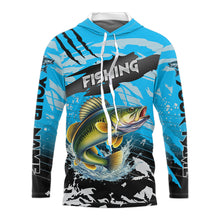 Load image into Gallery viewer, Walleye Fishing Blue Camo Jerseys Custom Performance Long Sleeve Hooded Tournament Fishing Shirts NHT509