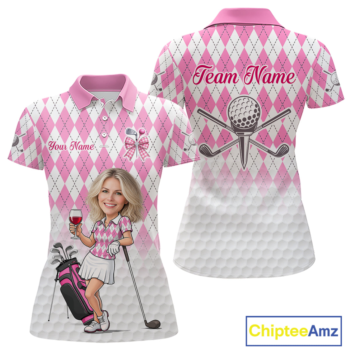 Personalized Argyle Style Funny Womens Golf Polo Shirt Gift For Mother's Day – Custom Face Portrait Cartoon Design NHT662