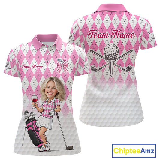 Personalized Argyle Style Funny Womens Golf Polo Shirt Gift For Mother's Day – Custom Face Portrait Cartoon Design NHT662