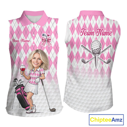 Personalized Argyle Style Funny Womens Sleeveless Golf Polo Shirt Gift For Mother Day – Custom Face Portrait Cartoon Design NHT662