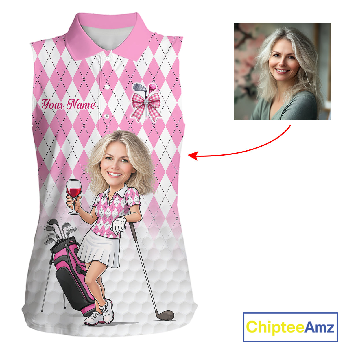 Personalized Argyle Style Funny Womens Sleeveless Golf Polo Shirt Gift For Mother Day – Custom Face Portrait Cartoon Design NHT662