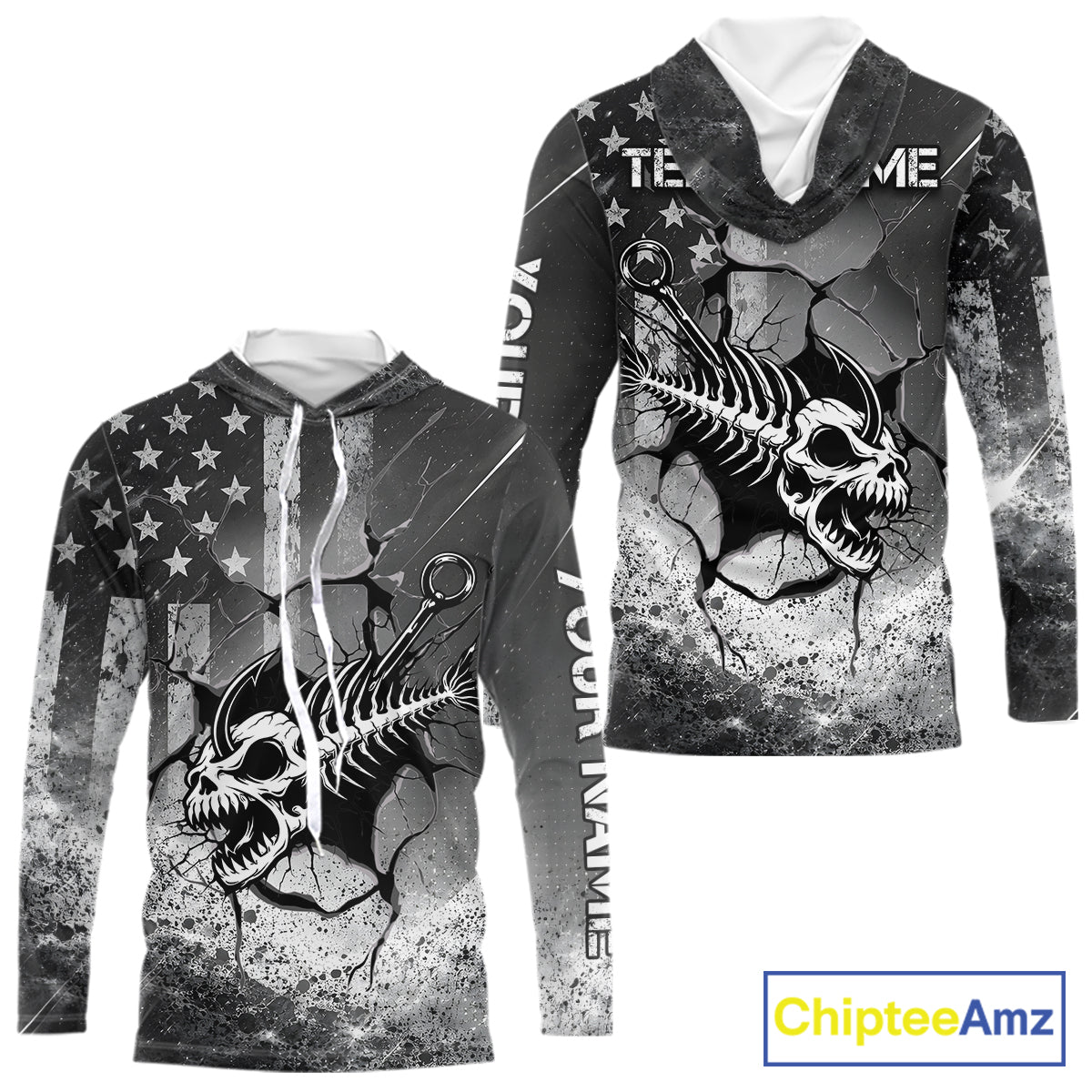 American Flag Fishing Fish Hook Skull Personalized Fishing Shirts, Hooded Patriotic Fishing Shirt Gift For Men NHT665