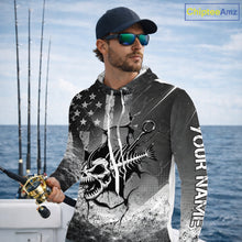 Load image into Gallery viewer, American Flag Fishing Fish Hook Skull Personalized Fishing Shirts, Hooded Patriotic Fishing Shirt Gift For Men NHT665