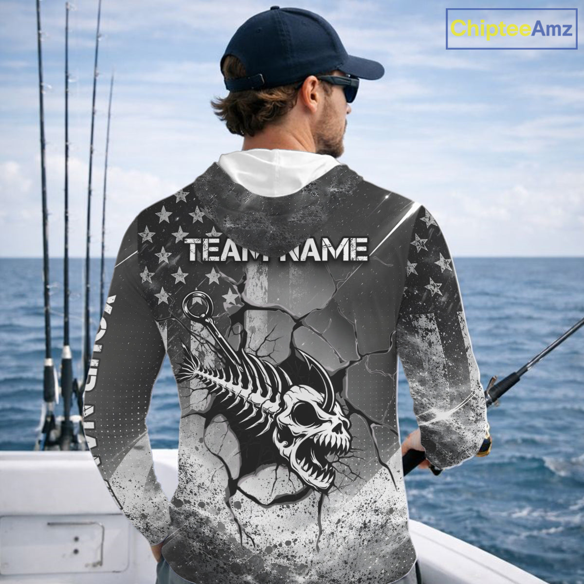 American Flag Fishing Fish Hook Skull Personalized Fishing Shirts, Hooded Patriotic Fishing Shirt Gift For Men NHT665