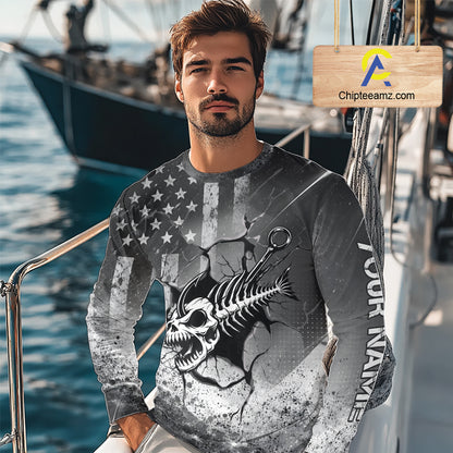 American Flag Fishing Fish Hook Skull Personalized Fishing Shirts, Patriotic Fishing Shirt Gift For Men NHT665