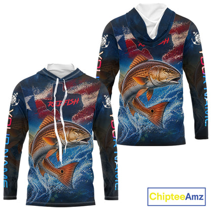 Texas Flag Redfish Long Sleeve Hooded Fishing Jersey, Red Drum Saltwater Performance UV Shirt For Men 