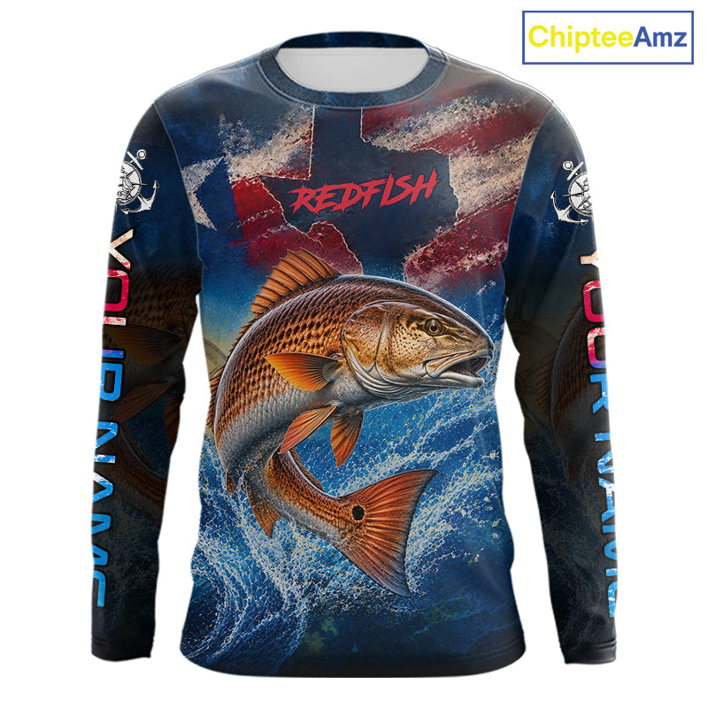 Texas Flag Redfish Long Sleeve Fishing Jersey, Red Drum Saltwater Performance UV Shirt For Men 