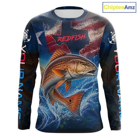 Texas Flag Redfish Long Sleeve Fishing Jersey, Red Drum Saltwater Performance UV Shirt For Men 