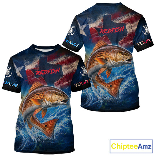 Texas Flag Redfish Short Sleeve Fishing T-Shirts Fishing Jersey, Red Drum Saltwater Performance UV Shirt For Men 