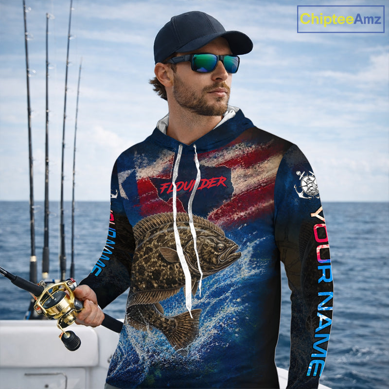 Texas Flag Flounder Long Sleeve Hooded Fishing Jersey, Flounder Saltwater Performance UV Shirt For Men 