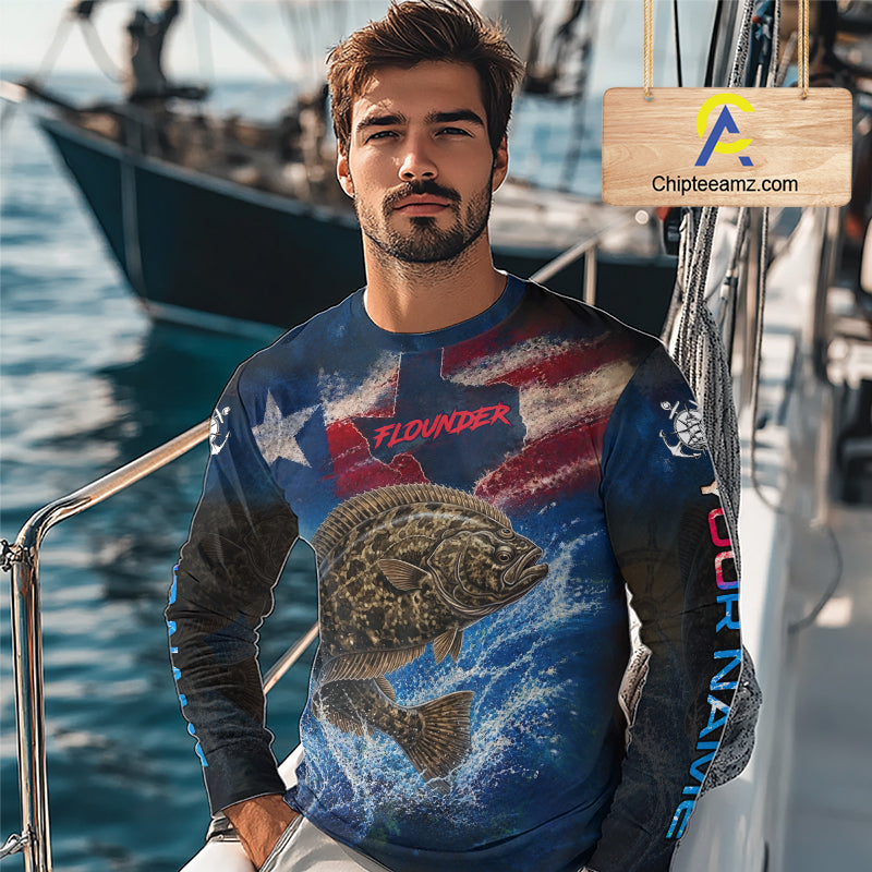 Texas Flag Flounder Long Sleeve Fishing Jersey, Flounder Saltwater Performance UV Shirt For Men 