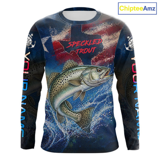 Texas Flag Speckled Trout Long Sleeve Fishing Jersey, Trout Saltwater Performance UV Shirt For Men 