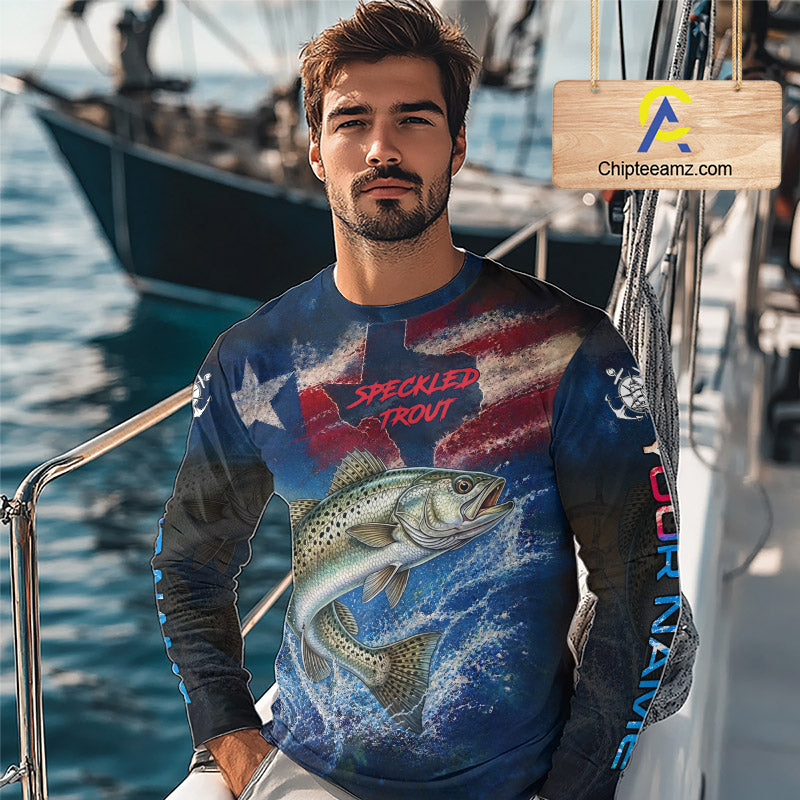 Texas Flag Speckled Trout Long Sleeve Fishing Jersey, Trout Saltwater Performance UV Shirt For Men 