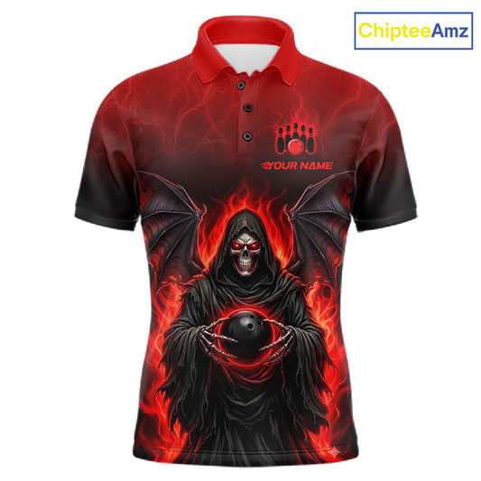 A short-sleeve polo shirt with a red collar and a dramatic black and red graphic of a hooded grim reaper surrounded by flames, shown on a plain white background. A 'ChipteeAmz' logo is visible in the top right corner, and 'YOUR NAME' is printed on the chest.