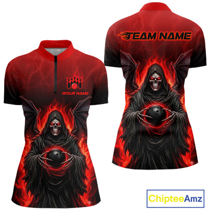 Front and back views of a short-sleeve athletic quarter-zip shirt featuring a dark grim reaper holding a black bowling ball surrounded by red flames, with customizable text areas on the chest and back.