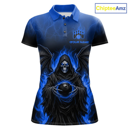 A short-sleeve polo shirt with a dark blue and black gradient, featuring a graphic of a hooded grim reaper surrounded by glowing blue flames and holding a bowling ball. The shirt has a blue collar, a three-button placket, and a customizable chest design with a bowling pin icon and the text 'YOUR NAME'.