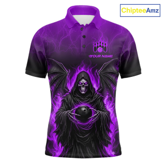 A short-sleeve polo shirt with a purple and black graphic print of a hooded grim reaper surrounded by flames, shown on a white background with a ChipteeAmz logo in the top right corner.
