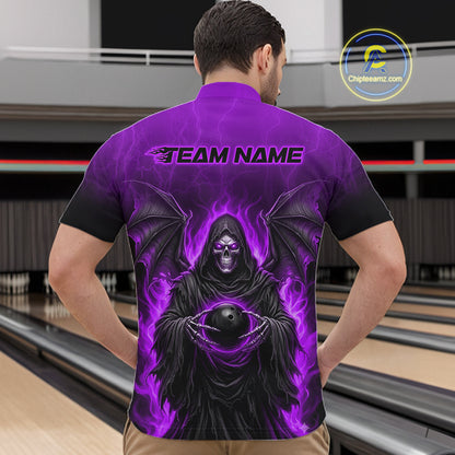 Personalized Grim Reaper Men Bowling Polo Shirt, Custom Team Name 1/4 Zip Bowling Jersey|Purple NHT1322