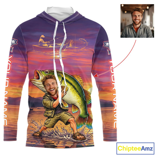Custom Father's Day Hooded Bass Fishing Shirts Long Sleeve With Face, Personalized Funny Dad Fishing Button Shirt NHT679