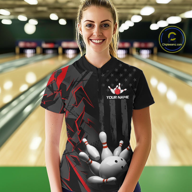 Custom Bowling Team Women Polo Shirt Quarter Zip 1/4 Personalized Name Performance Bowling Jersey|Red NHT1330