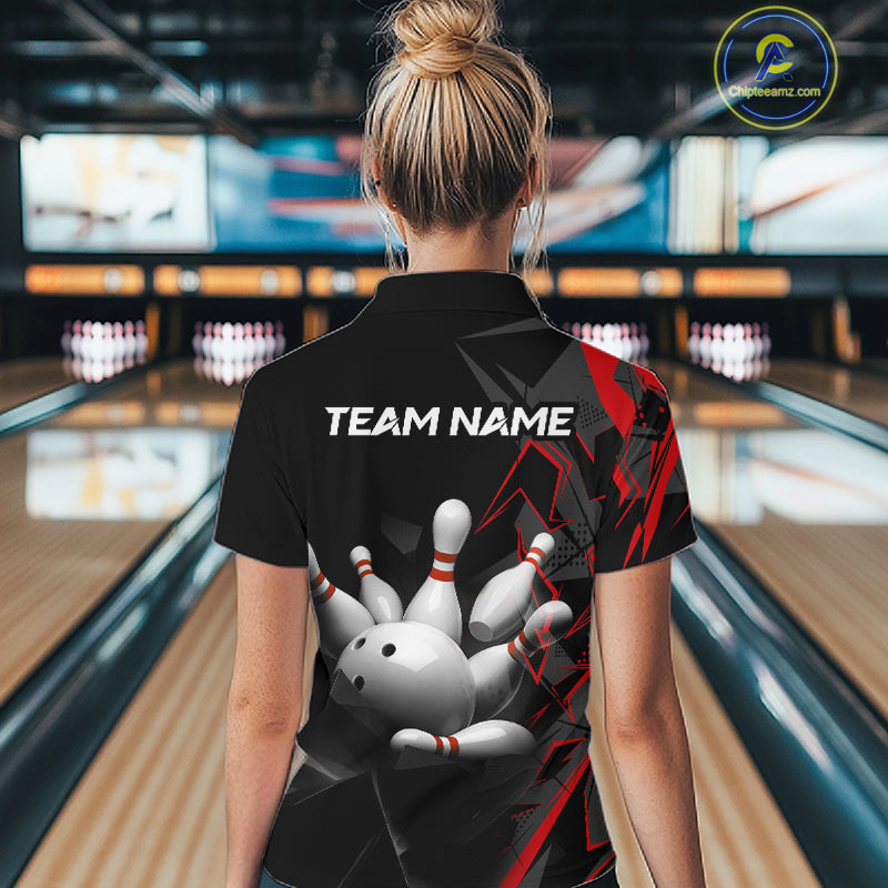 Custom Bowling Team Women Polo Shirt Quarter Zip 1/4 Personalized Name Performance Bowling Jersey|Red NHT1330