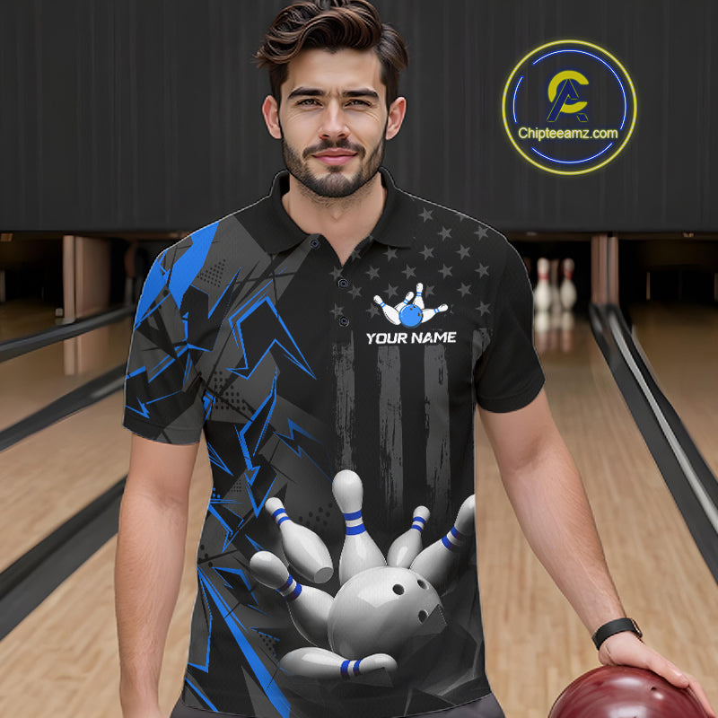 Custom Bowling Team Men Polo Shirt Quarter Zip 1/4 Personalized Name Performance Bowling Jersey|Blue NHT1331