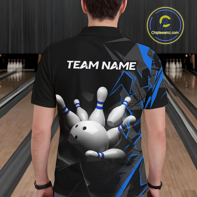 Custom Bowling Team Men Polo Shirt Quarter Zip 1/4 Personalized Name Performance Bowling Jersey|Blue NHT1331