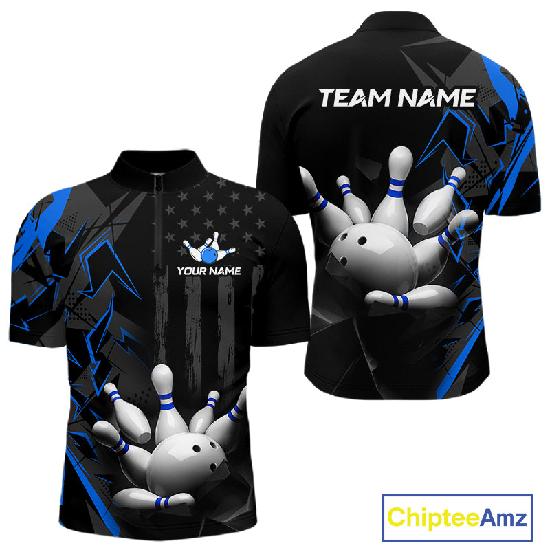 Custom Bowling Team Men Polo Shirt Quarter Zip 1/4 Personalized Name Performance Bowling Jersey|Blue NHT1331